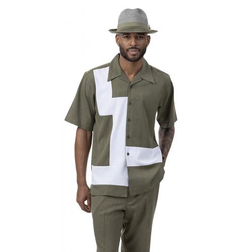 Montique Olive Green / White Horizontal Lined Short Sleeve Outfit 2077.
